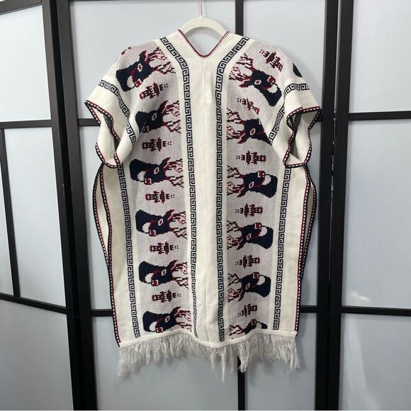 [l] Creme White Knit Holiday Poncho Sweater with Navy Blue & Red Reindeer Print - Picture 8 of 14
